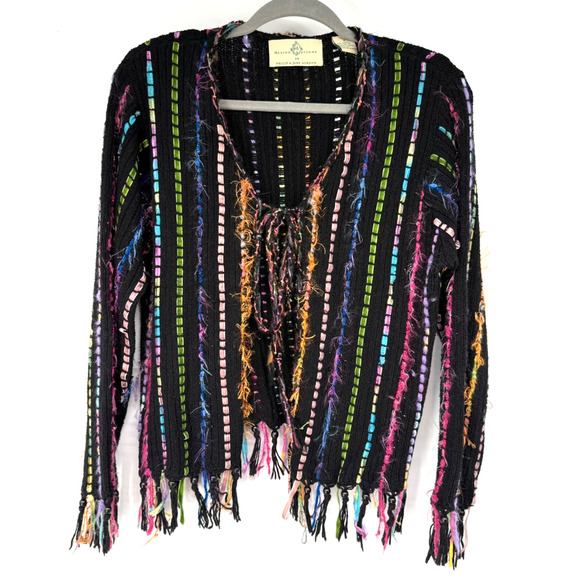 Design Options by Phillip & Jame Gordon Cardigan S Black Ramie Colorful Fringe - Picture 1 of 9